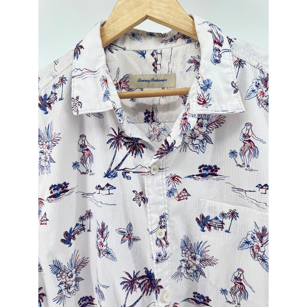 Tommy Bahama Hula Girl Shirt Mens XL White Seersucker Hawaiian Aloha Resort
